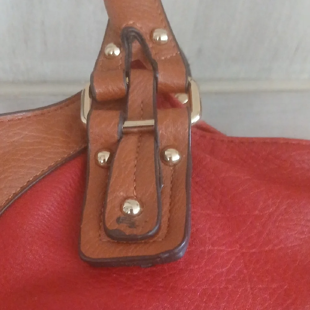 Michael Kors Red and Tan Shoulder Bag with Metallic Accents Double Handles